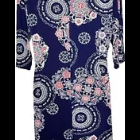 Robbie Bee Sheath Dress M Navy Blue Geometric Floral Print Knee Lnth 3/4 Sleeves - Picture 12 of 12